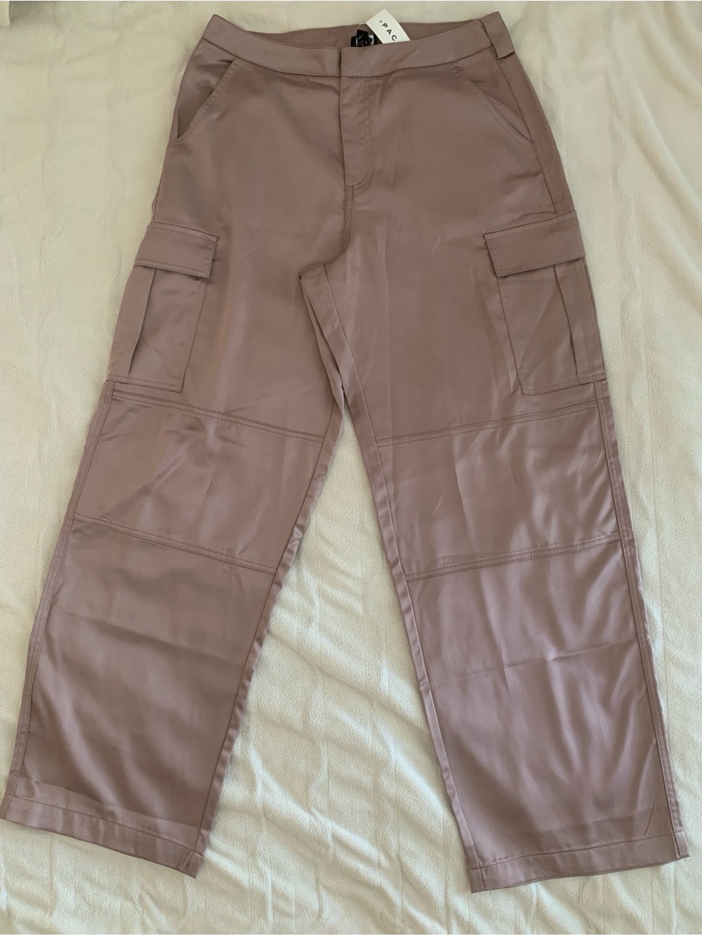 Beverly and Beck Satin Wide Leg Cargo Pants in Taupe Size M NWT